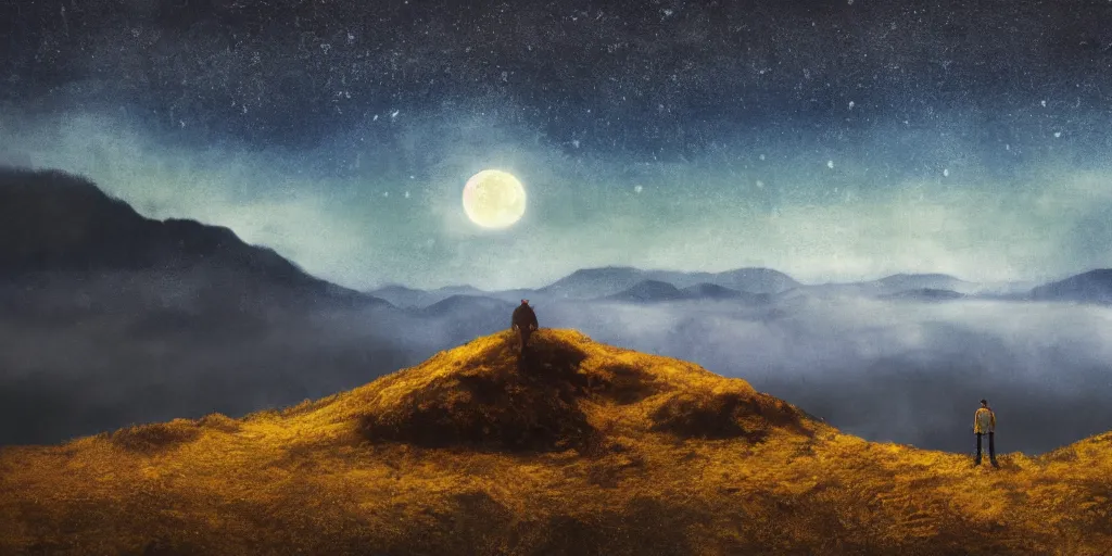 Image similar to landscape, layers, mountain ranges, dark sky, night, style of Van Gogh, moon, stars, milky way, atmospheric, cinematic, photographic, artstation, digital art, small man center standing on mountain, valley mist, fog, hazy, glow