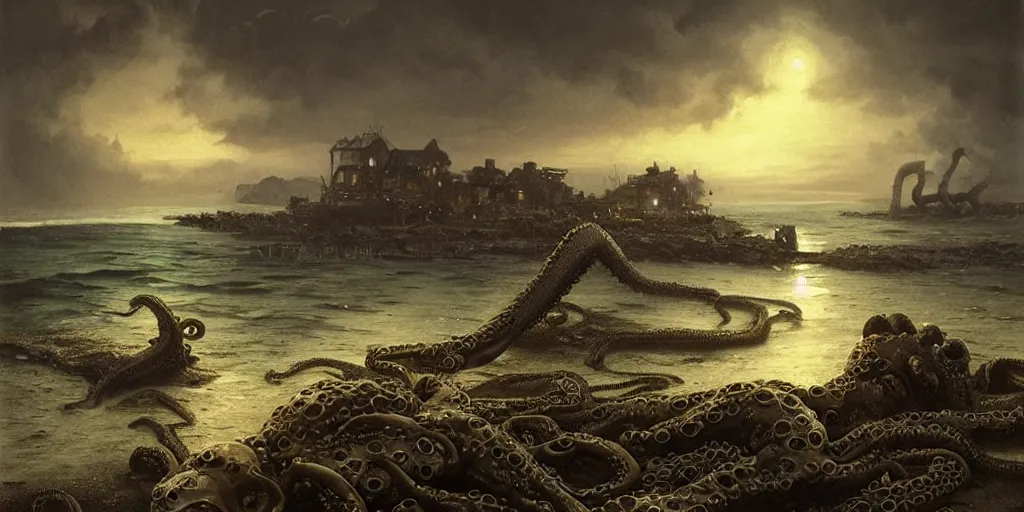 Image similar to landscape view on an decaying fishing village at night, a humanoid octopus creature emerging from the ocean, night colors, high - key lighting, beautiful composition, intricate, gradient from green to black, pro photography by, highly detailed, digital painting, art by artgerm and greg rutkowski and alphonse mucha, smooth, sharp focus illustration