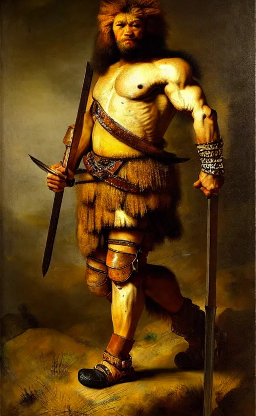 Prompt: muscular lion as barbarian hunter knight full body with human legs ,very textured detailed oil painting by rembrandt