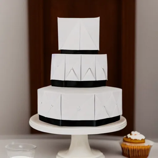 Prompt: minimalist wedding origami concept cake photorealistic in kitchen by amaury guichon