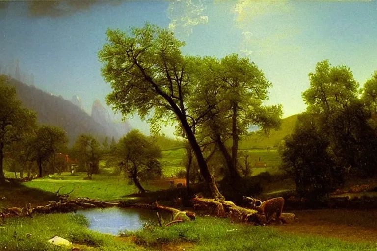 Prompt: peaceful village landscape, art by albert bierstadt