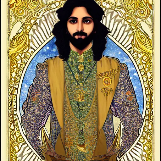 Prompt: mughal king of mysore, symmetrical face, symmetrical body, artgerm, flowing hair, portrait, muted colors, artstation, character concept art, border and embellishments inspiried by alphonse mucha, fractals in the background, galaxy