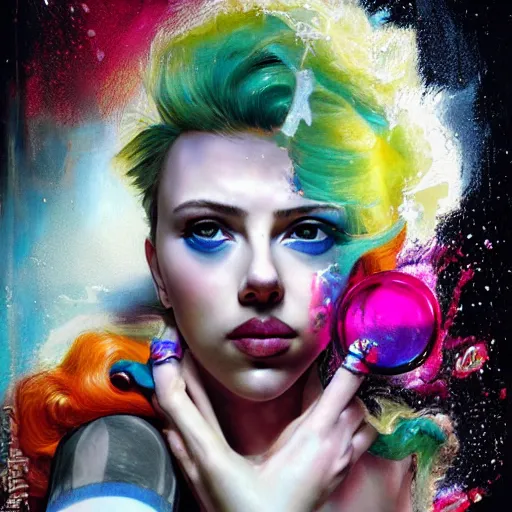 Image similar to teenage scarlett johansson as delirium from sandman, ( hallucinating colorful soap bubbles ), by jeremy mann, by sandra chevrier, by jean giraud and richard avedon, punk rock, tank girl, high detailed, 8 k