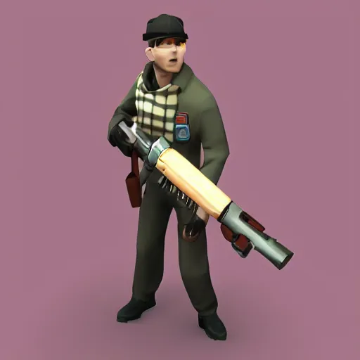 Image similar to the scout from tf 2 running with a gun in his hand, polycount, dada, dynamic pose, sabattier effect, rtx