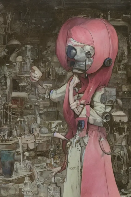 Image similar to highly detailed, industrial photography, profile view of adult princess bubblegum from adventure time, working in her science lab, wearing lab coat, long bubblegum hair, long straight bangs, confident, beautiful, attractive, illustration concept art by nicoletta ceccoli, mark ryden, lostfish, detailed and intricate environment, 8 k resolution, hyperrealistic, octane render