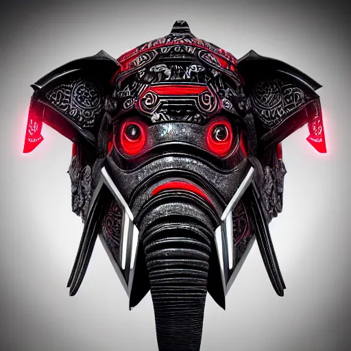 Image similar to never forget! futuristic elephant head, symmetrical, intricate black shaman ornaments, black oak patterns, iridescent reflection, mask big, mech mask, mecha - elephant, graphic design, black white grays and red color, subsurface scattering, cyberpunk, unreal engine, octane render