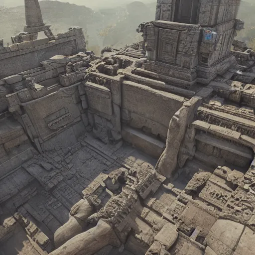 Prompt: cinematic still of hyper detailed hard surface modelled 3 d apex legends temple ruins, deep perspective, wide angle, insanely detailed and intricate, ornate patterned people, by sir james guthrie