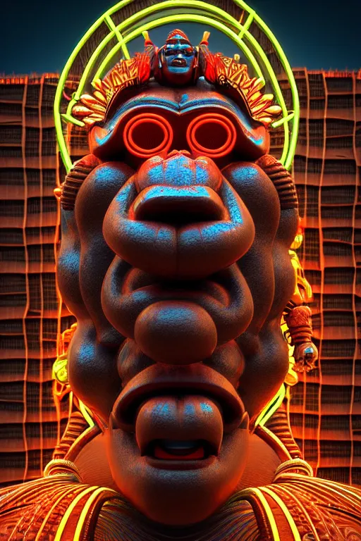 Image similar to high quality 3 d render post - rococo cyberpunk hanuman! head building, neon madhubani, open mouth, highly detailed, in sci - fi mumbai, cinematic smooth unreal engine, lee madgwick & liam wong, dramatic light, low angle, uhd 8 k, sharp focus