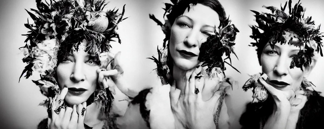 Image similar to 1920s portrait photography of cate blanchett transforming into a monster, edelweiss growing out of her face, goat horns on her head