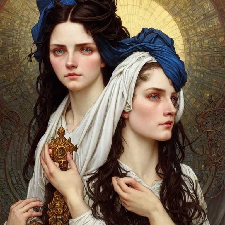 Image similar to Portrait of a female cleric with kerchief covering her ears, casting a glowing spell. Western European, Slavic. Blue eyes, black hair, porcelain skin, full lips, high slanted cheekbones. Fantasy art by artgerm and greg rutkowski and alphonse mucha, intricate, elegant, highly detailed, dramatic lighting, illustration, award winning on artstation, D&D, AD&D.