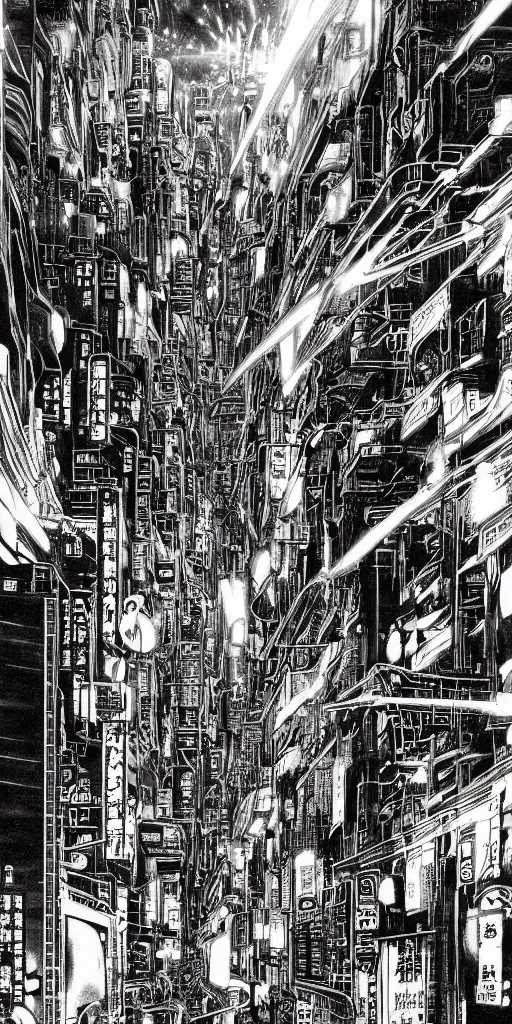 Prompt: beautiful and detailed anime drawing of an AKIRA-like cyberpunk city landscape with light trail from a motorcycle at the bottom and a bridge silhouette at the top, japan at night, 1980s, by Katsuhiro Otomo and mamoru oshii, wide angle, worm\'s eye view, grand, clean