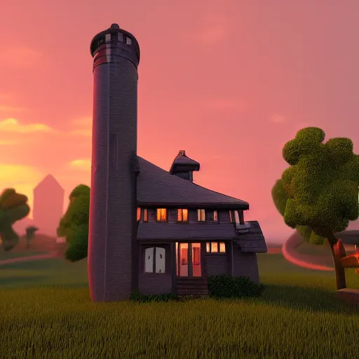 Image similar to clue houses, vaponpunk, sunset, 8k, soft light, ray tracing, wet ground