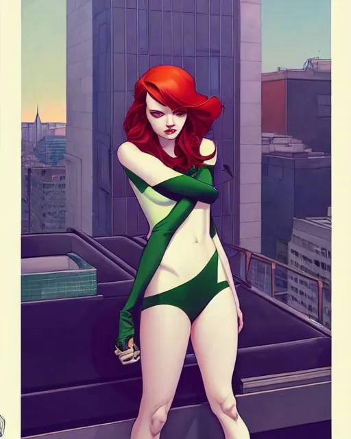 Image similar to joshua middleton, phil noto, artgerm, emma stone poison ivy dc comics, vines, symmetrical eyes, city rooftop