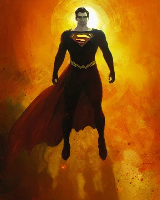 Image similar to superman emerging from the sun, elegant, orange yellow ethereal, horror, fantasy art by greg rutkowski and magali villeneuve and claude monet