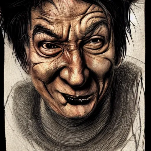 Prompt: surrealism grunge cartoon portrait sketch of Jackie Chan, by michael karcz, loony toons style, freddy krueger style, horror theme, detailed, elegant, intricate