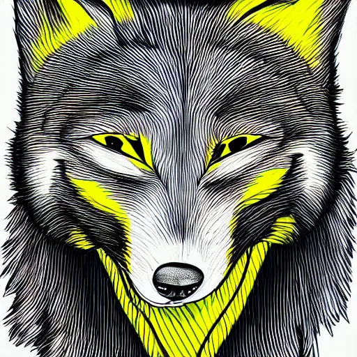 Prompt: lineart of a wolf wearing a yellow raincoat, devianart trending