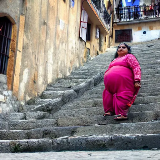 Image similar to an obese Indian woman holding a rollator climbing steps in Porto