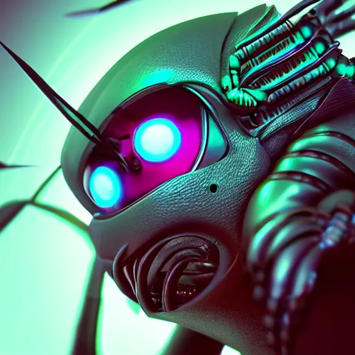 Prompt: synthwave cyborg insect alien face portrait, detailed face, sharp focus, synthwave art, aesthetic, octane render, raw, cinematic