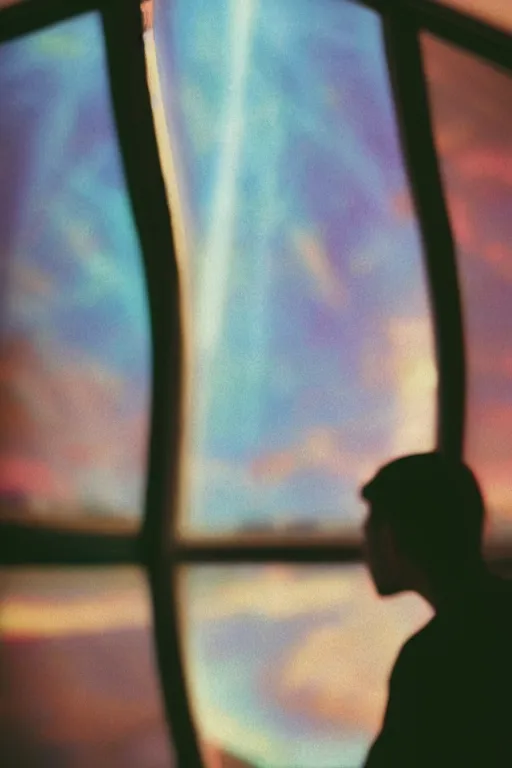 Prompt: agfa vista 4 0 0 photograph of a guy in a spaceship looking out a window into space, back view, synth vibe, vaporwave colors, lens flare, moody lighting, moody vibe, telephoto, 9 0 s vibe, blurry background, grain, tranquil, calm, faded!,