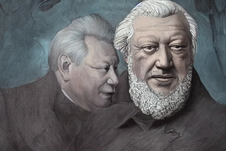 Image similar to Boris Yeltsin with valkyrees, by Leonardo DaVinci, reneissanse painting, intricate detail, artstation