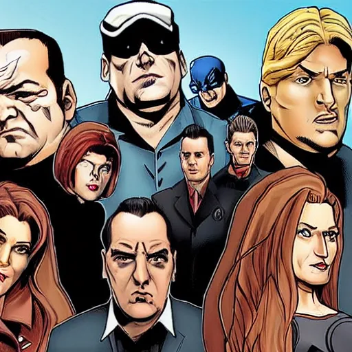 Image similar to [the cast of the sopranos as the dark avengers]