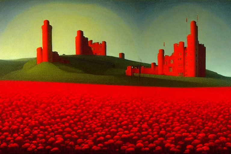 Image similar to only with red, red flowers of different types, a castle in the background, red giants rest over the flowers, in the style of beksinski, part by hopper, part by rodcenko, part by hofbauer, intricate composition, red by caravaggio, insanely quality, highly detailed, masterpiece, red light, artstation, 8 k