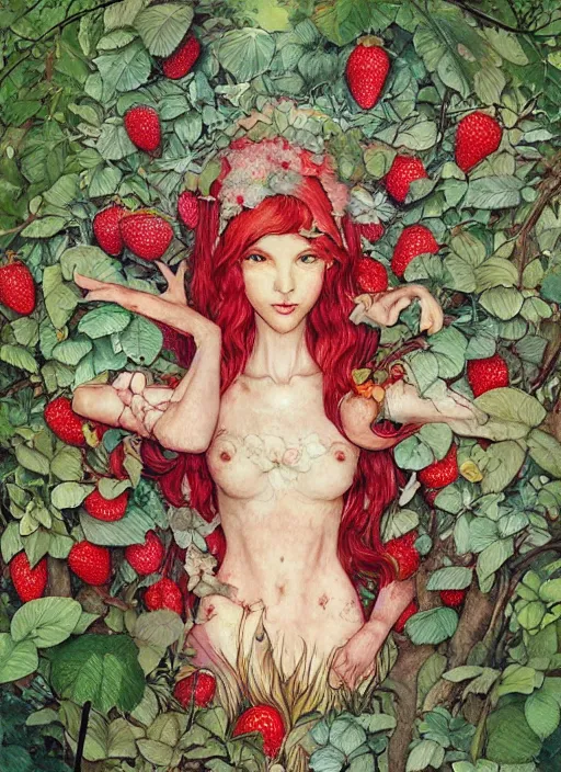 Image similar to lush strawberry forest fairy foliage painting carved in amber by chiara bautista and norman rockwell and greg rutkowski weta studio