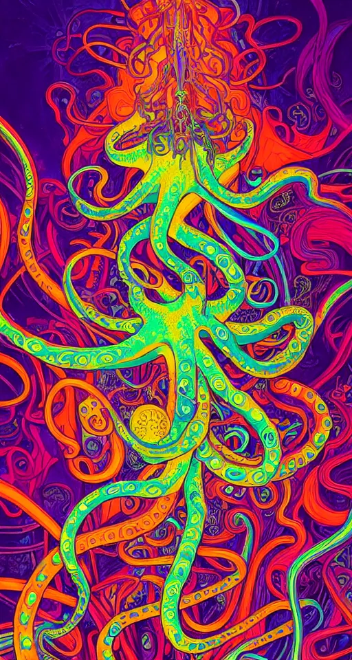 Image similar to An extremely psychedelic abstract illustration of octapus with colorful glowing tentacles, colorful, surreal, dramatic lighting, magic mushrooms, psilocybin, LSD, detailed, intricate, elegant, highly detailed, digital painting, artstation, concept art, smooth, sharp focus, illustration, art by Krenz Cushart and Artem Demura and alphonse mucha, unreal engine 5 render, 8k