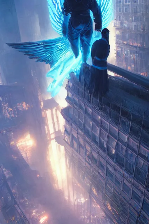 Prompt: a man from behind with a pair of blue vapor energy wings soaring through futuristic paris, 4 k, shimmering color, cinematic light, hyper detailed, art by greg rutkowski and magali villeneuve and artgerm