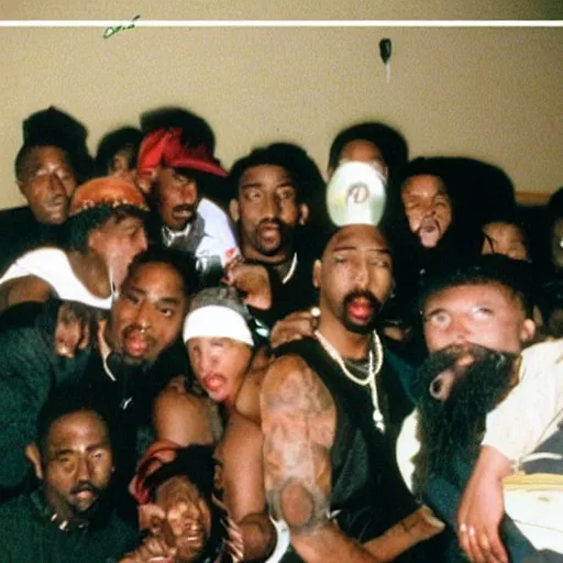 Prompt: 2 pac parting in 1 9 9 2 photo. small house party.