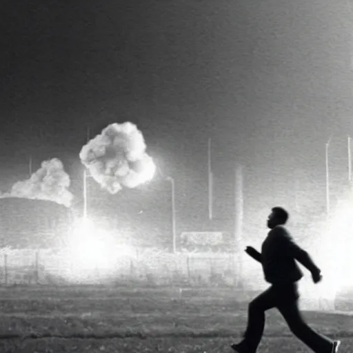 Image similar to cctv footage of a man running across a field, in the background is a large explosion, highly detailed, very realistic.