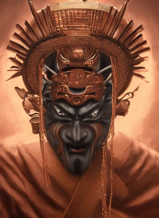 Prompt: a beautiful detailed oil on copper art illustration of a japanese samurai demon mask woman, the mask is broken, centered, by charlie bowater, zeng fanzh, trending on artstation, dim dusk lighting, cinematic lighting, detailed lighting, volumetric lighting, realistic, f 8, 4 k hd wallpaper