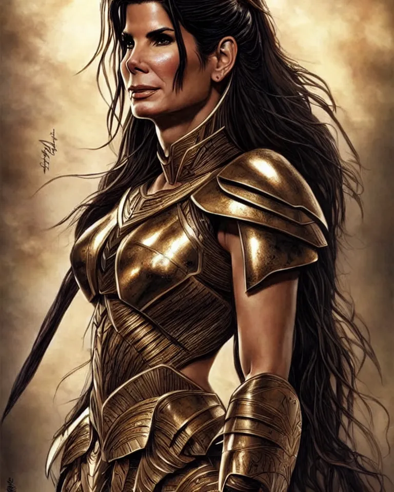 Image similar to a young sandra bullock as an amazon warrior, tall and beautiful with brown skin and long hair, dressed in hellenistic body armor, intricate, elegant, highly detailed, smooth, sharp focus, detailed face, art by ardian syaf