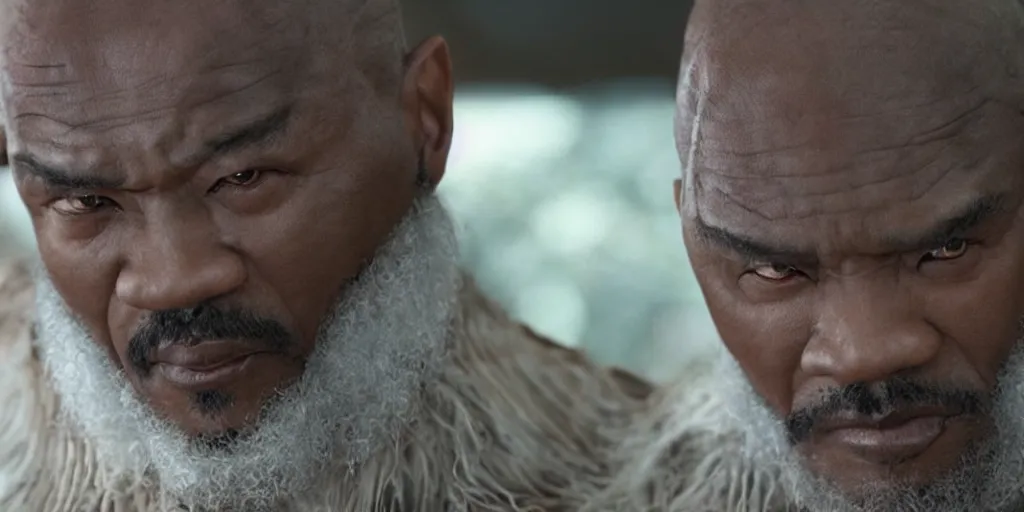 Image similar to a film still of a black man starring in a japanese blockbuster film as heihachi from tekken, shallow depth of field, cinematic, award winning cgi, vfx, film still