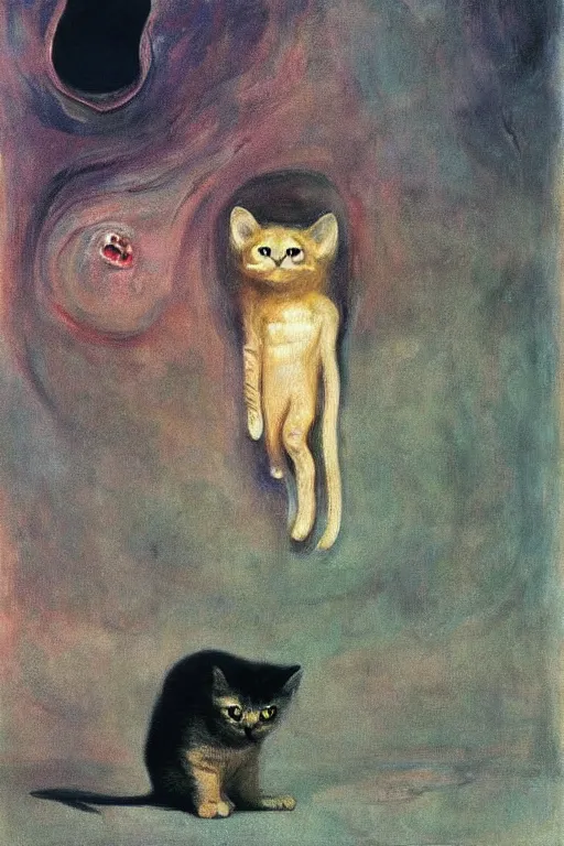 Image similar to tiny kitten meets a colossal space monster, oil painting by Edvard Munch, Zdzislaw Beksinski