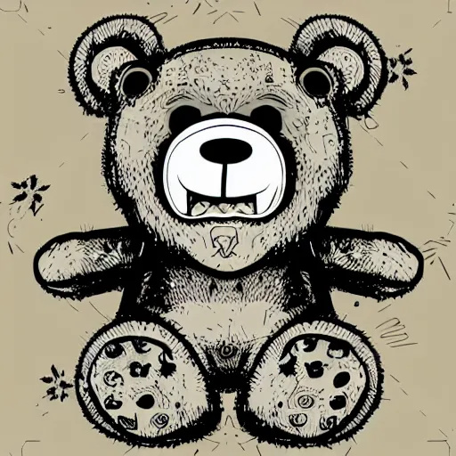 Prompt: grunge cartoon vector sketch of a teddy bear with bloody eyes by - mrrevenge, loony toons style, horror theme, detailed, elegant, intricate