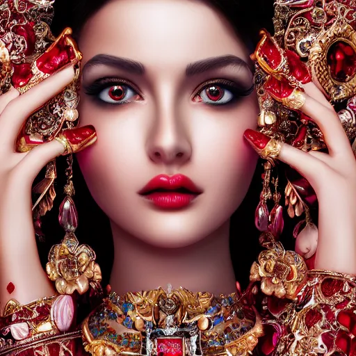 Prompt: wonderful princess with smooth fair skin, alluring eyes, red jewelry, breathtaking, elegant, intricate, ornate backdrop, hyper detailed, accent lighting, 4 k glamour photography, octane render