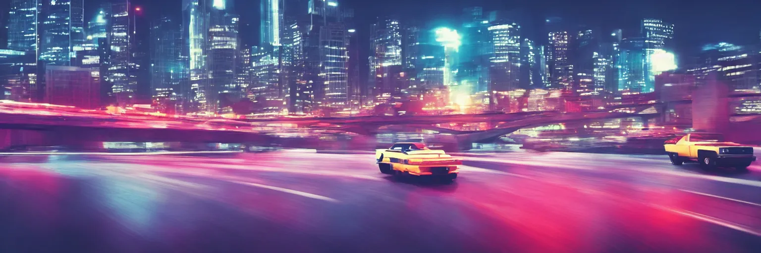 Prompt: 8 0 s neon movie still, high speed car chase by the river with city in background, slow shutter speed, medium format color photography, movie directed by kar wai wong, hyperrealistic, photorealistic, high definition, highly detailed, tehnicolor, anamorphic lens