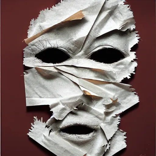 Image similar to face shredded like paper masks, horror, surreal, drawing, painting