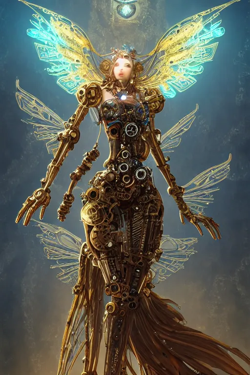 Prompt: character portrait of a steampunk robotic angel, female looking, floating gears aurora, intricate, complex, ornamental, huge wings, metal body, golden eyes, metropolis background, science fantasy, high fantasy, by Akihiko Yoshida, James_Jean_Andrei_Riabovitchev_Marc_Simonetti, Yoshitaka Amano, digital illustration, artstation, 4k