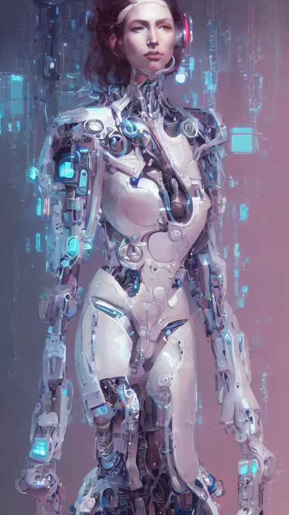 Prompt: a portrait of brunette tall girl as a beautiful cybernetic techno queen, white woman, cyberpunk concept art by pete mohrbacher and wlop and artgerm josan gonzalez and syd mead, digital art, highly detailed, intricate, sci - fi, sharp focus, trending on artstation,
