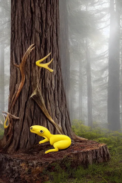 Image similar to A brilliant yellow banana slug with deer antlers, poised magnificently on a tree stump deep in a redwood forest, magical, deep woods, octane render, 8k,realism, natural lighting, digital art, fantasy creature, realistic Trending on artstation, artstationHD, artstationHQ, 4k, 8k