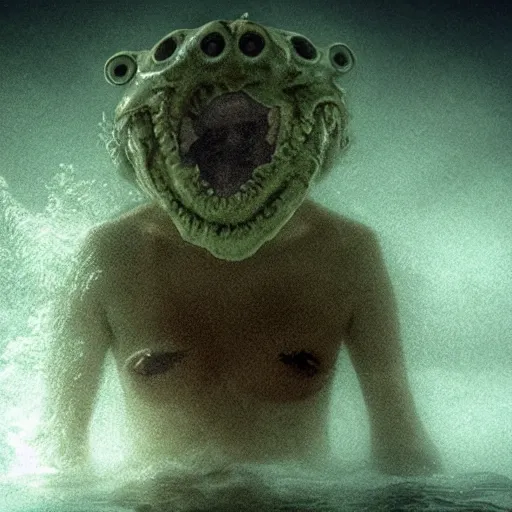 Image similar to sea monster about to eat pov underwater, pale skin, dark yellowish water, foggy water, dark, dramatic,'silent hill ', big eyes, alluring and terrifying, whole body cinematic