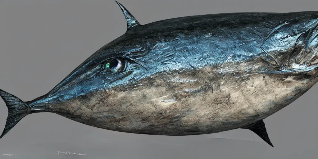 Image similar to tuna, stylized layered textures, long flowing fins, bioluminescent orbs, 3 d render, substance painter, glowing eye, smooth, sharp focus, art by h r giger