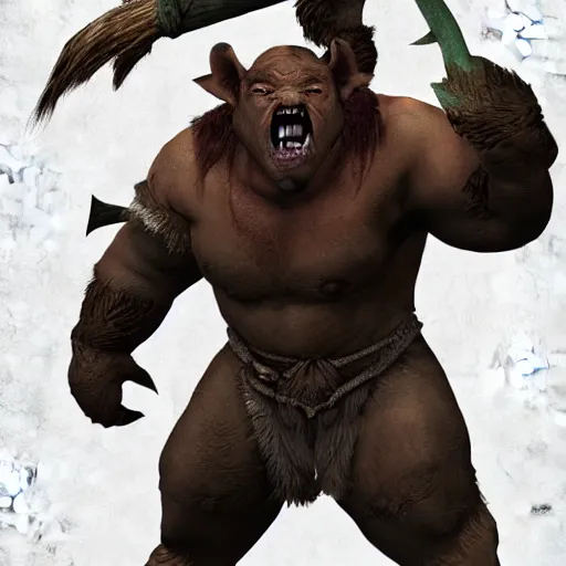 Prompt: An orc throwing a boar, digital art