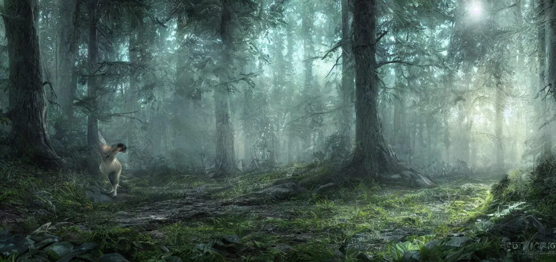 Prompt: A beautiful hyper realistic ultra detailed lifelike matte painting of a skinwalker transformation in a forest, unreal engine, deviantart, flickr, artstation, octane render, textured, colorful, extreme realistic detail, physically based rendering, pbr render, very detailed, volumetric lighting, detailed lighting, octane render, 4k, cinematic lighting, 8k resolution