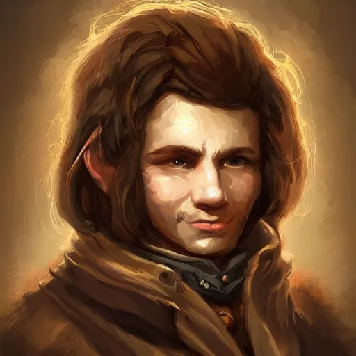 Image similar to Brown haired halfling oil portrait, middle aged, dandy elegant fop diminutive by Anato Finnstark, Tony Sart highly detailed, artgerm, digital illustration, concept art