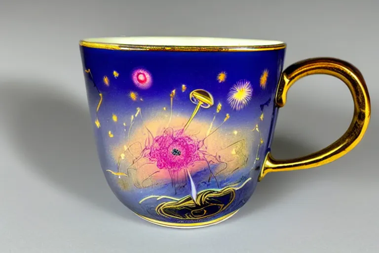 Image similar to vintage enameled cup of tea filled with starry cosmos By Salvador Dali