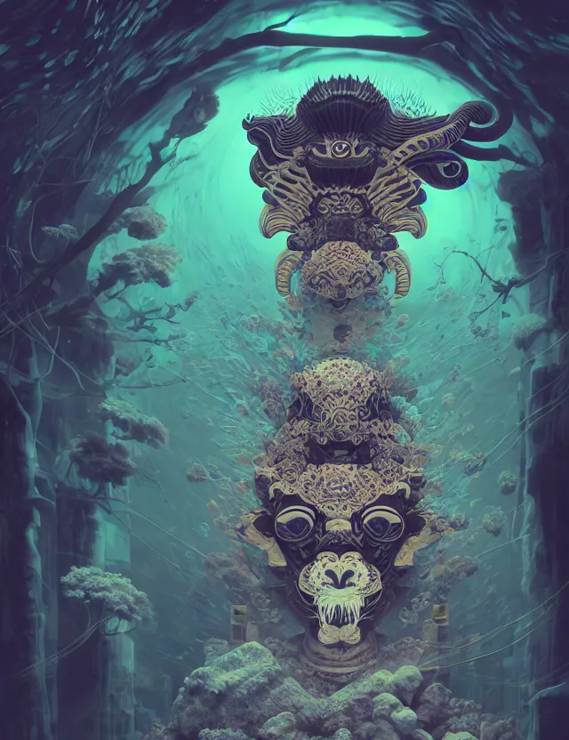 Image similar to 3 d liminal space abandoned temple frontal portrait with ram skull. beautiful intricately detailed japanese crow kitsune mask and clasical japanese kimono. betta fish, jellyfish phoenix, bio luminescent, plasma, ice, water, wind, creature, artwork by tooth wu and wlop and beeple and greg rutkowski