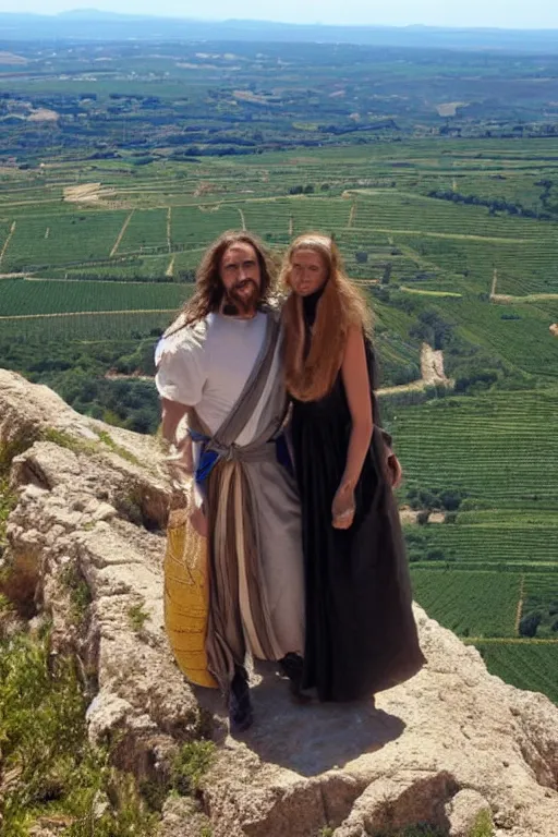 Prompt: selfie from a mobile phone of jesus and mary magdalene standing on a cliff looking over a beautiful landscape in france, languedoc, award winning photo, very detailed, very realistic